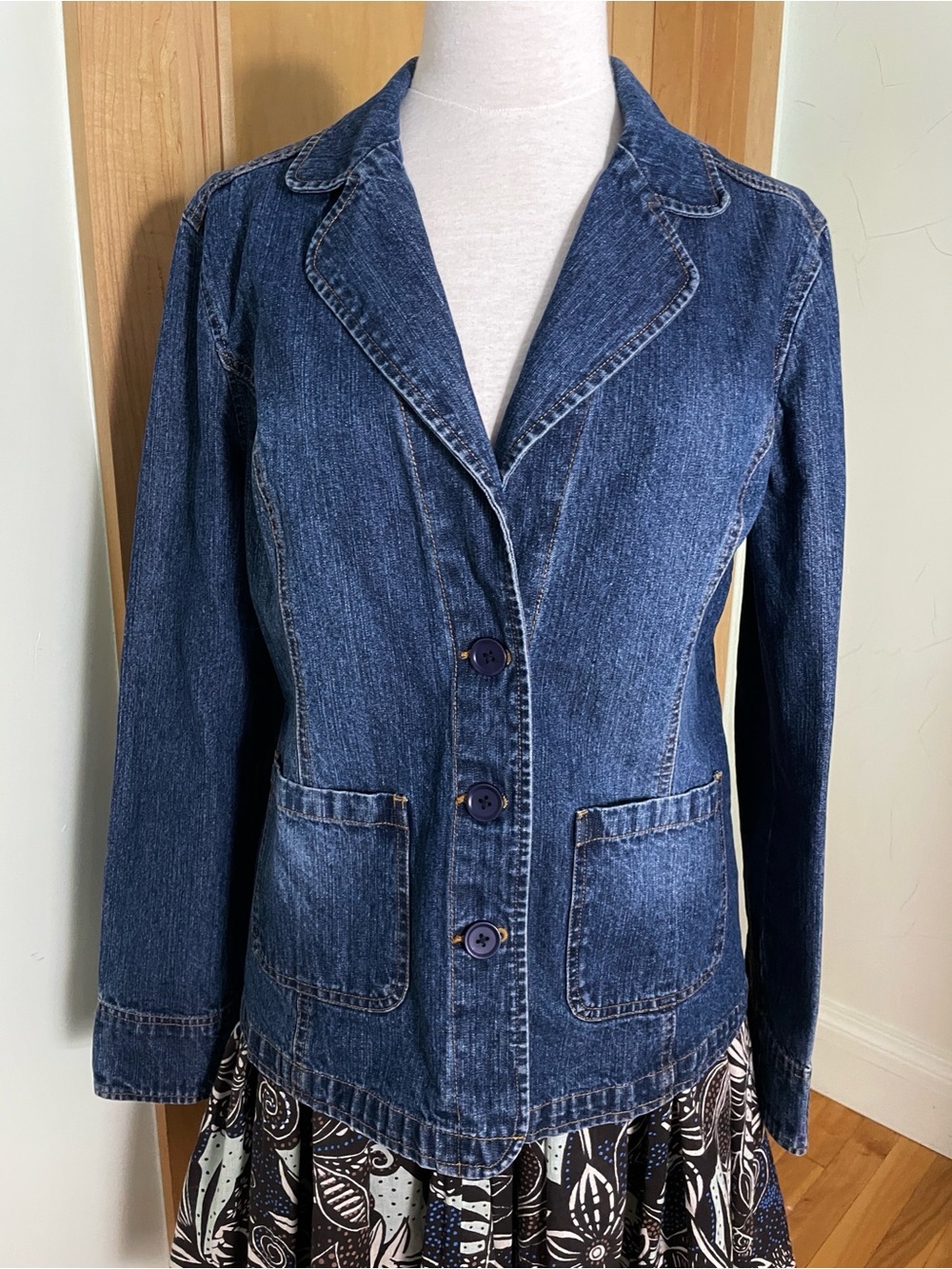 RW & CO Y2K Vintage Women's Dark Blue Denim Wash Tailored Blazer Jacket, Size 12